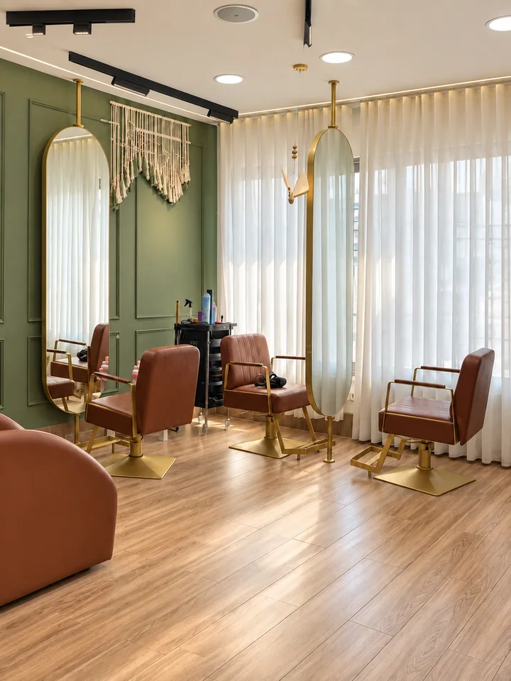 The styling room with green walls, gold oval mirrors and brown chairs in window daylight