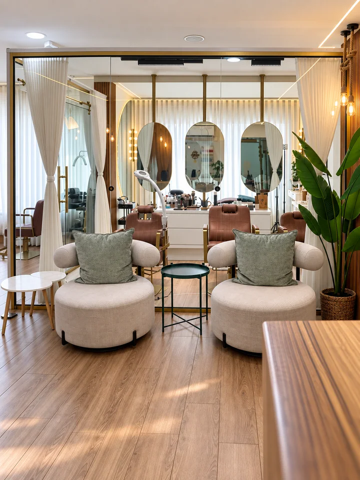 Two pale chairs with sage cushions at the salon's mirrored arrival area